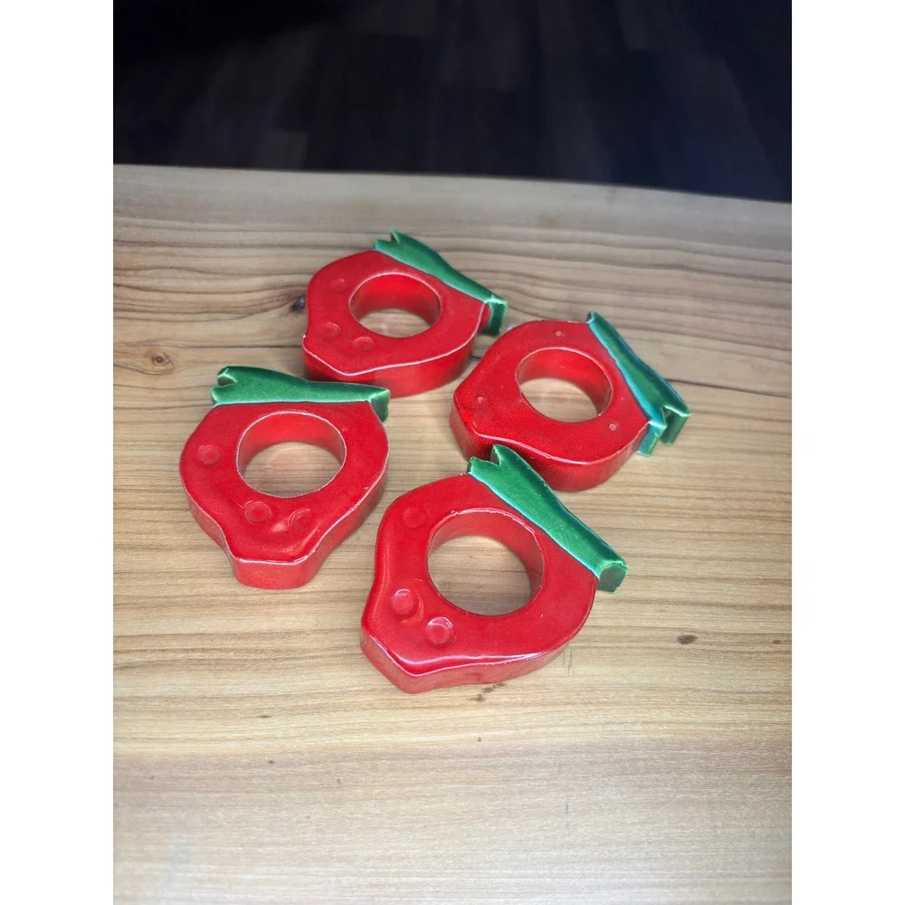Vintage Ceramic Strawberry Napkin Rings Red Green Fruit Table Decor Set of 4